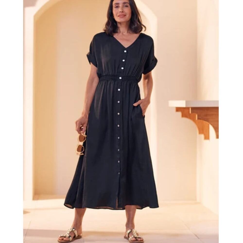 Carolina Georgina Button Front Short Sleeve V-Neck Midi Dress Black L